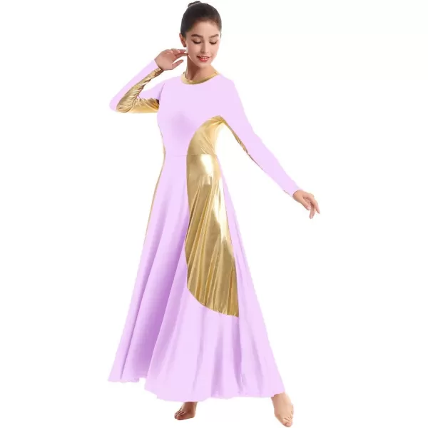 OwlFay Women Metallic Long Sleeve Praise Dance Dress Full Length Loose Fit Swing Gown Liturgical Tunic Skirt Worship CostumeLight Purple