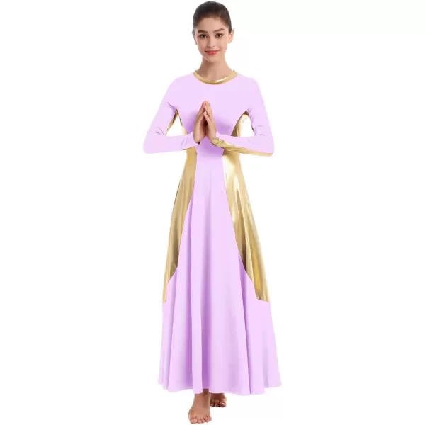 OwlFay Women Metallic Long Sleeve Praise Dance Dress Full Length Loose Fit Swing Gown Liturgical Tunic Skirt Worship CostumeLight Purple