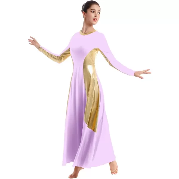 OwlFay Women Metallic Long Sleeve Praise Dance Dress Full Length Loose Fit Swing Gown Liturgical Tunic Skirt Worship CostumeLight Purple