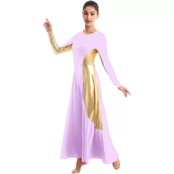 OwlFay Women Metallic Long Sleeve Praise Dance Dress Full Length Loose Fit Swing Gown Liturgical Tunic Skirt Worship CostumeLight Purple