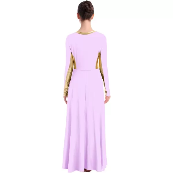 OwlFay Women Metallic Long Sleeve Praise Dance Dress Full Length Loose Fit Swing Gown Liturgical Tunic Skirt Worship CostumeLight Purple