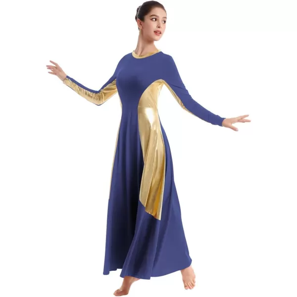 OwlFay Women Metallic Long Sleeve Praise Dance Dress Full Length Loose Fit Swing Gown Liturgical Tunic Skirt Worship CostumeNavy Blue