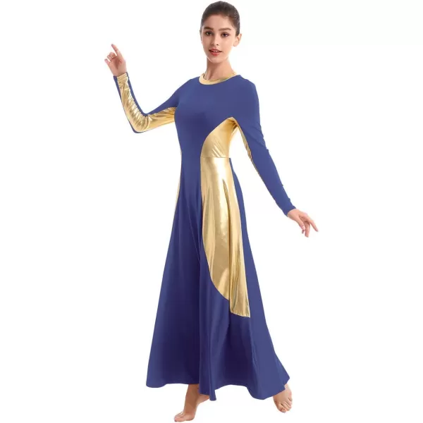 OwlFay Women Metallic Long Sleeve Praise Dance Dress Full Length Loose Fit Swing Gown Liturgical Tunic Skirt Worship CostumeNavy Blue