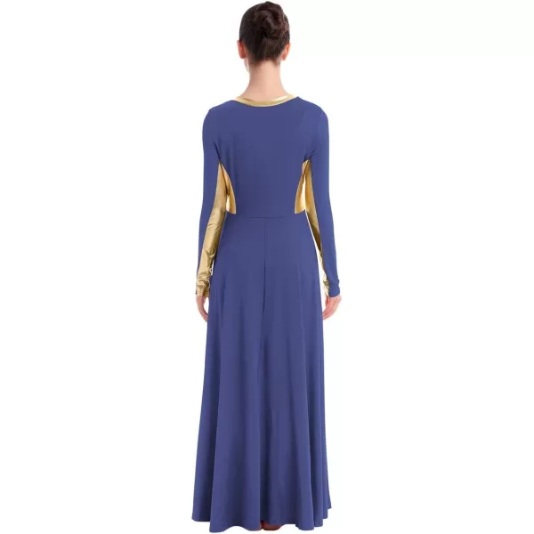 OwlFay Women Metallic Long Sleeve Praise Dance Dress Full Length Loose Fit Swing Gown Liturgical Tunic Skirt Worship CostumeNavy Blue