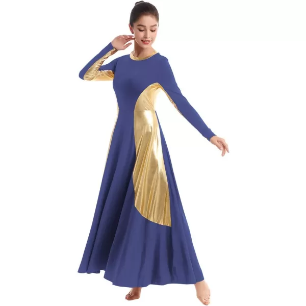 OwlFay Women Metallic Long Sleeve Praise Dance Dress Full Length Loose Fit Swing Gown Liturgical Tunic Skirt Worship CostumeNavy Blue