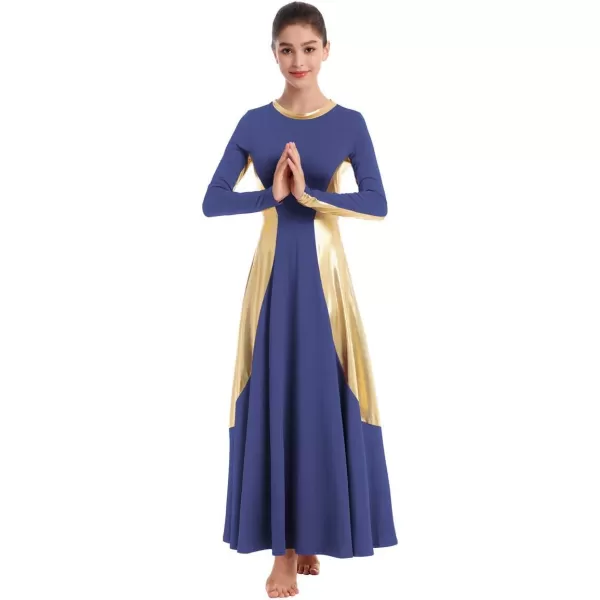 OwlFay Women Metallic Long Sleeve Praise Dance Dress Full Length Loose Fit Swing Gown Liturgical Tunic Skirt Worship CostumeNavy Blue