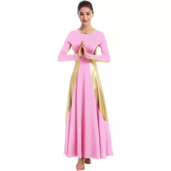 OwlFay Women Metallic Long Sleeve Praise Dance Dress Full Length Loose Fit Swing Gown Liturgical Tunic Skirt Worship CostumePink