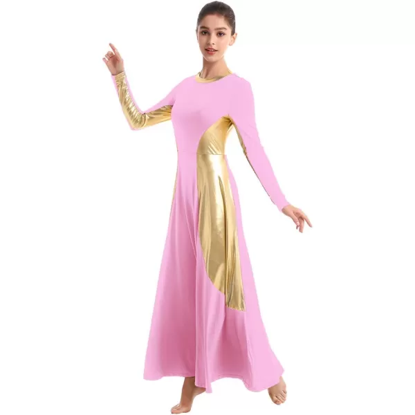 OwlFay Women Metallic Long Sleeve Praise Dance Dress Full Length Loose Fit Swing Gown Liturgical Tunic Skirt Worship CostumePink