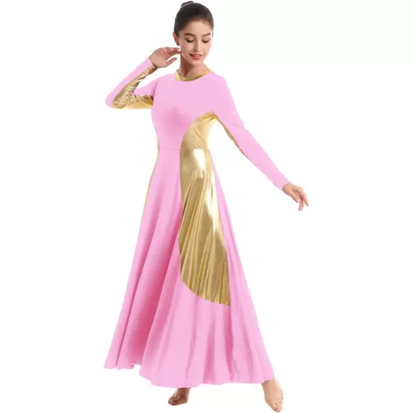 OwlFay Women Metallic Long Sleeve Praise Dance Dress Full Length Loose Fit Swing Gown Liturgical Tunic Skirt Worship CostumePink