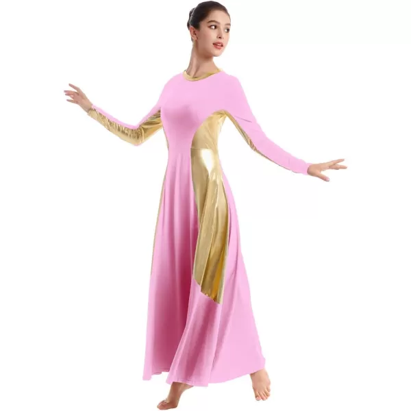 OwlFay Women Metallic Long Sleeve Praise Dance Dress Full Length Loose Fit Swing Gown Liturgical Tunic Skirt Worship CostumePink