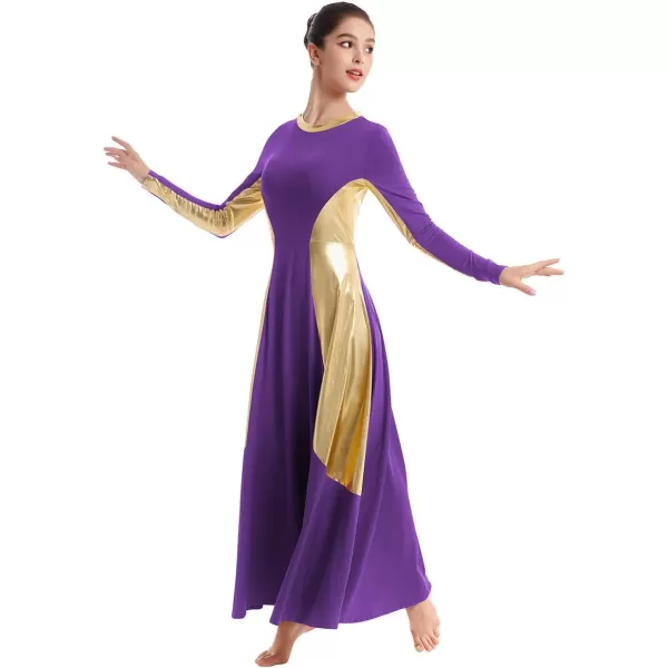 OwlFay Women Metallic Long Sleeve Praise Dance Dress Full Length Loose Fit Swing Gown Liturgical Tunic Skirt Worship CostumePurple