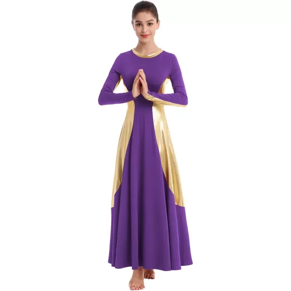 OwlFay Women Metallic Long Sleeve Praise Dance Dress Full Length Loose Fit Swing Gown Liturgical Tunic Skirt Worship CostumePurple