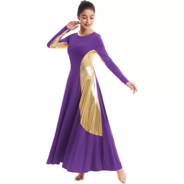 OwlFay Women Metallic Long Sleeve Praise Dance Dress Full Length Loose Fit Swing Gown Liturgical Tunic Skirt Worship CostumePurple