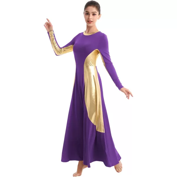 OwlFay Women Metallic Long Sleeve Praise Dance Dress Full Length Loose Fit Swing Gown Liturgical Tunic Skirt Worship CostumePurple