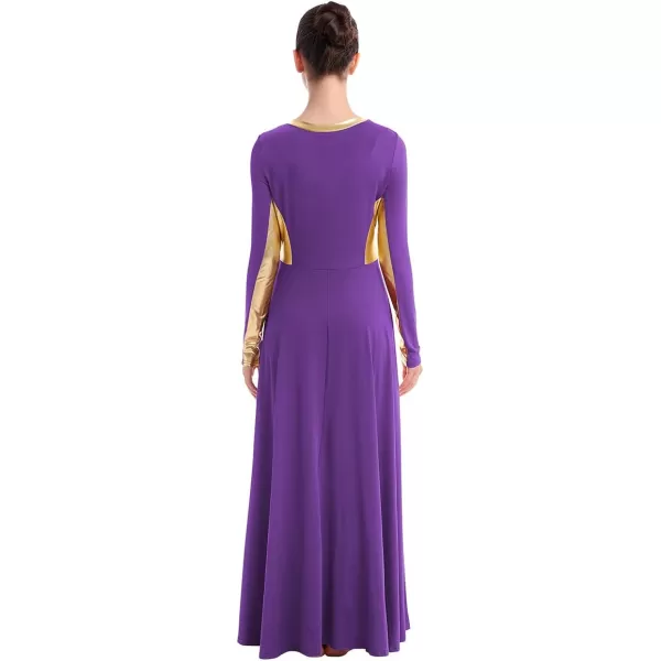 OwlFay Women Metallic Long Sleeve Praise Dance Dress Full Length Loose Fit Swing Gown Liturgical Tunic Skirt Worship CostumePurple