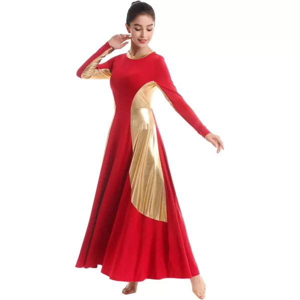 OwlFay Women Metallic Long Sleeve Praise Dance Dress Full Length Loose Fit Swing Gown Liturgical Tunic Skirt Worship CostumeRed