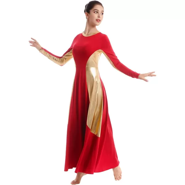 OwlFay Women Metallic Long Sleeve Praise Dance Dress Full Length Loose Fit Swing Gown Liturgical Tunic Skirt Worship CostumeRed