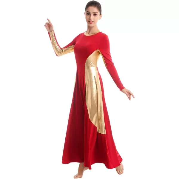 OwlFay Women Metallic Long Sleeve Praise Dance Dress Full Length Loose Fit Swing Gown Liturgical Tunic Skirt Worship CostumeRed