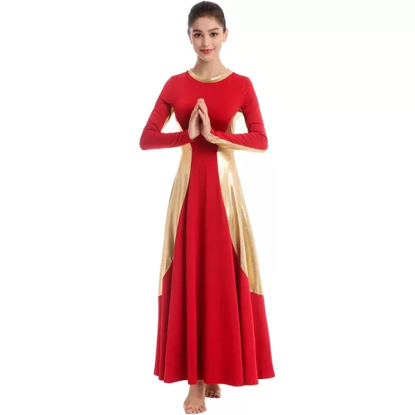 OwlFay Women Metallic Long Sleeve Praise Dance Dress Full Length Loose Fit Swing Gown Liturgical Tunic Skirt Worship CostumeRed