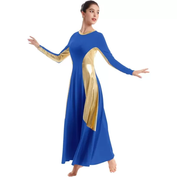 OwlFay Women Metallic Long Sleeve Praise Dance Dress Full Length Loose Fit Swing Gown Liturgical Tunic Skirt Worship CostumeRoyal Blue