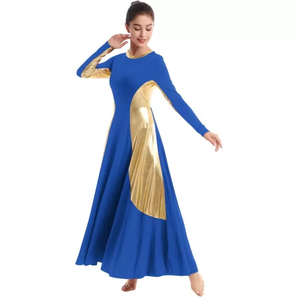 OwlFay Women Metallic Long Sleeve Praise Dance Dress Full Length Loose Fit Swing Gown Liturgical Tunic Skirt Worship CostumeRoyal Blue