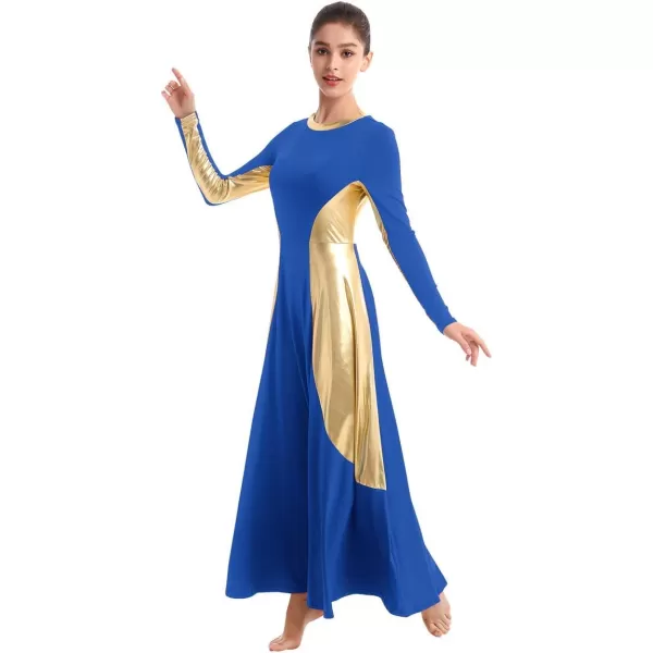 OwlFay Women Metallic Long Sleeve Praise Dance Dress Full Length Loose Fit Swing Gown Liturgical Tunic Skirt Worship CostumeRoyal Blue