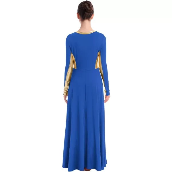 OwlFay Women Metallic Long Sleeve Praise Dance Dress Full Length Loose Fit Swing Gown Liturgical Tunic Skirt Worship CostumeRoyal Blue