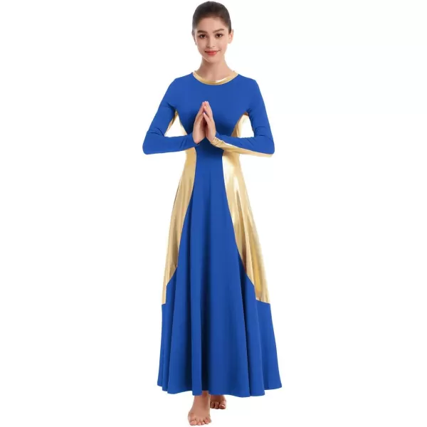 OwlFay Women Metallic Long Sleeve Praise Dance Dress Full Length Loose Fit Swing Gown Liturgical Tunic Skirt Worship CostumeRoyal Blue