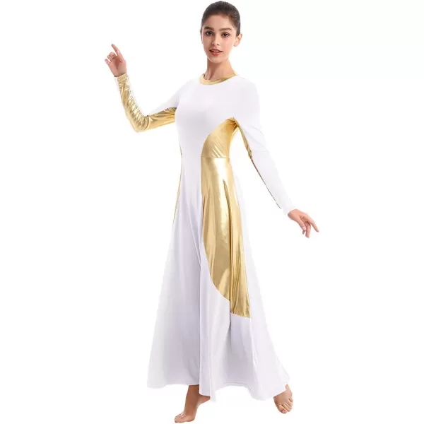 OwlFay Women Metallic Long Sleeve Praise Dance Dress Full Length Loose Fit Swing Gown Liturgical Tunic Skirt Worship CostumeWhite