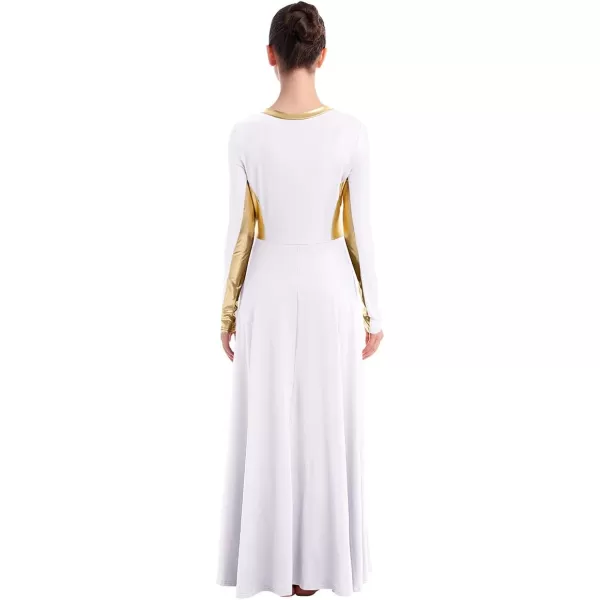 OwlFay Women Metallic Long Sleeve Praise Dance Dress Full Length Loose Fit Swing Gown Liturgical Tunic Skirt Worship CostumeWhite