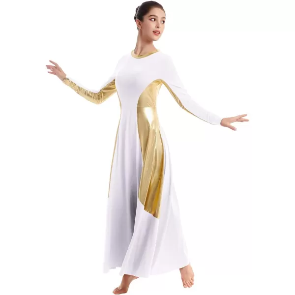 OwlFay Women Metallic Long Sleeve Praise Dance Dress Full Length Loose Fit Swing Gown Liturgical Tunic Skirt Worship CostumeWhite