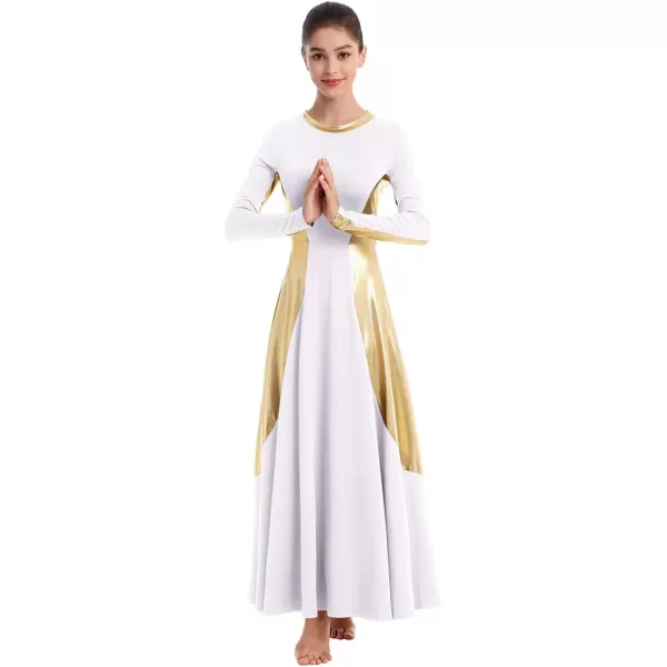 OwlFay Women Metallic Long Sleeve Praise Dance Dress Full Length Loose Fit Swing Gown Liturgical Tunic Skirt Worship CostumeWhite