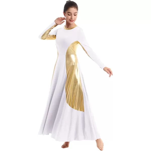 OwlFay Women Metallic Long Sleeve Praise Dance Dress Full Length Loose Fit Swing Gown Liturgical Tunic Skirt Worship CostumeWhite