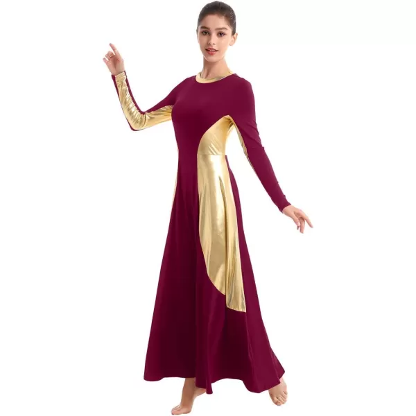 OwlFay Women Metallic Long Sleeve Praise Dance Dress Full Length Loose Fit Swing Gown Liturgical Tunic Skirt Worship CostumeWine Red