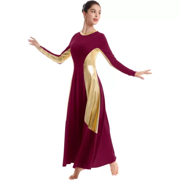 OwlFay Women Metallic Long Sleeve Praise Dance Dress Full Length Loose Fit Swing Gown Liturgical Tunic Skirt Worship CostumeWine Red