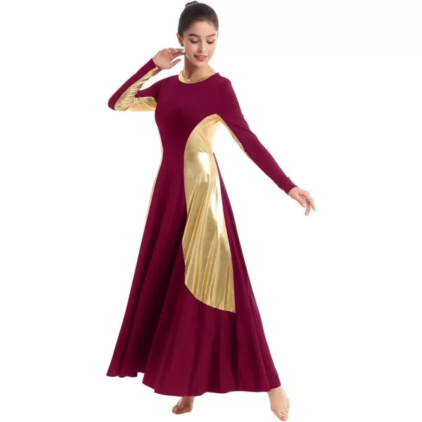 OwlFay Women Metallic Long Sleeve Praise Dance Dress Full Length Loose Fit Swing Gown Liturgical Tunic Skirt Worship CostumeWine Red