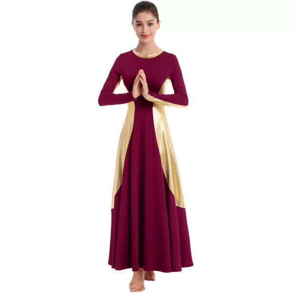 OwlFay Women Metallic Long Sleeve Praise Dance Dress Full Length Loose Fit Swing Gown Liturgical Tunic Skirt Worship CostumeWine Red