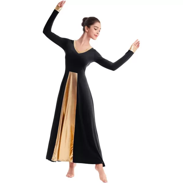 OwlFay Women Metallic VNeck Praise Dance Dresses Liturgical Loose Fit Full Length Color Block Gown Ballet Worship DancewearBlack