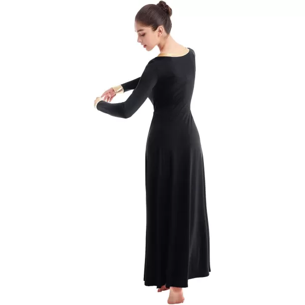 OwlFay Women Metallic VNeck Praise Dance Dresses Liturgical Loose Fit Full Length Color Block Gown Ballet Worship DancewearBlack