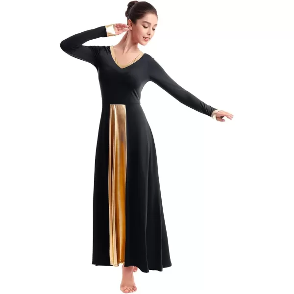 OwlFay Women Metallic VNeck Praise Dance Dresses Liturgical Loose Fit Full Length Color Block Gown Ballet Worship DancewearBlack