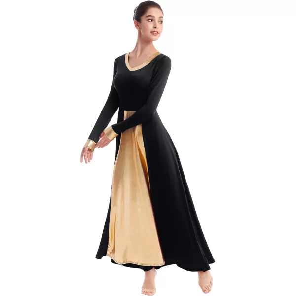 OwlFay Women Metallic VNeck Praise Dance Dresses Liturgical Loose Fit Full Length Color Block Gown Ballet Worship DancewearBlack