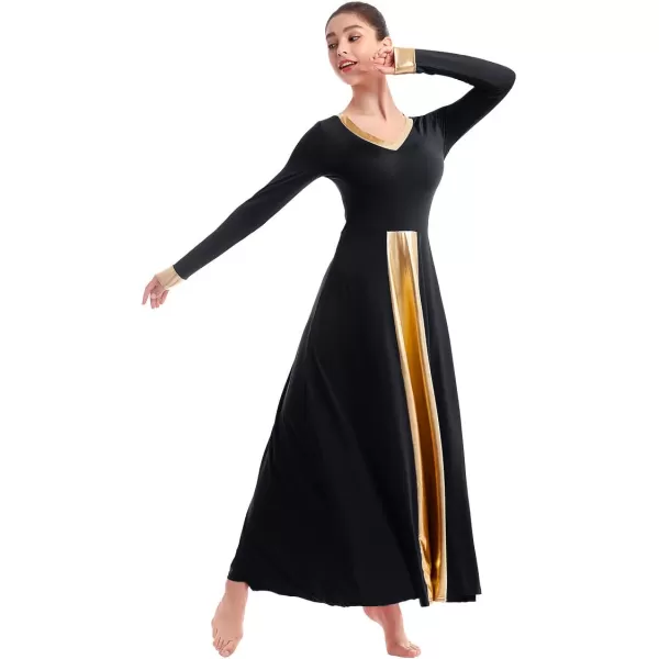 OwlFay Women Metallic VNeck Praise Dance Dresses Liturgical Loose Fit Full Length Color Block Gown Ballet Worship DancewearBlack