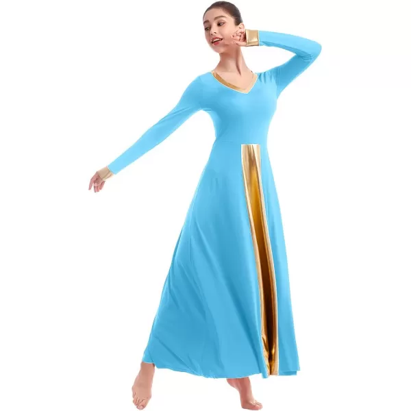 OwlFay Women Metallic VNeck Praise Dance Dresses Liturgical Loose Fit Full Length Color Block Gown Ballet Worship DancewearBlue