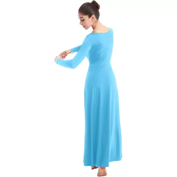 OwlFay Women Metallic VNeck Praise Dance Dresses Liturgical Loose Fit Full Length Color Block Gown Ballet Worship DancewearBlue