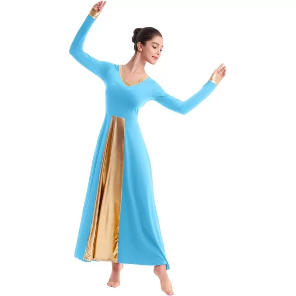 OwlFay Women Metallic VNeck Praise Dance Dresses Liturgical Loose Fit Full Length Color Block Gown Ballet Worship DancewearBlue