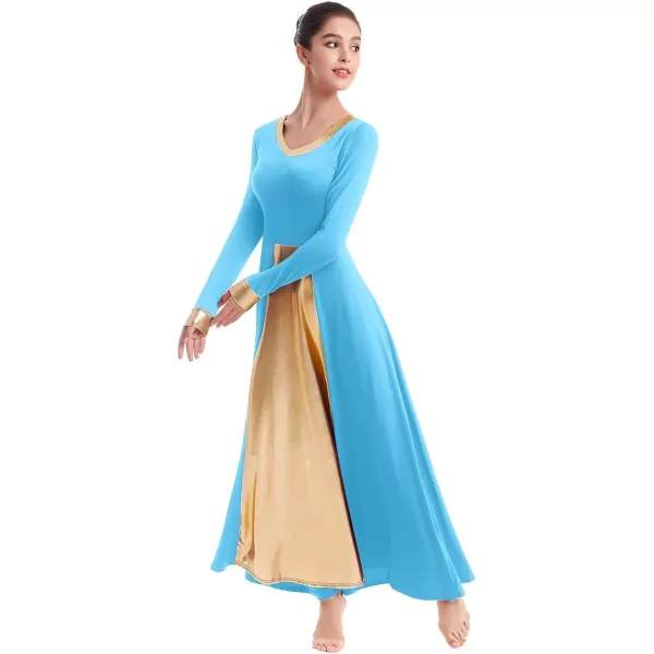 OwlFay Women Metallic VNeck Praise Dance Dresses Liturgical Loose Fit Full Length Color Block Gown Ballet Worship DancewearBlue