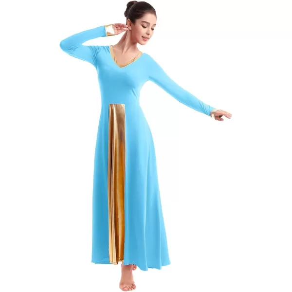 OwlFay Women Metallic VNeck Praise Dance Dresses Liturgical Loose Fit Full Length Color Block Gown Ballet Worship DancewearBlue