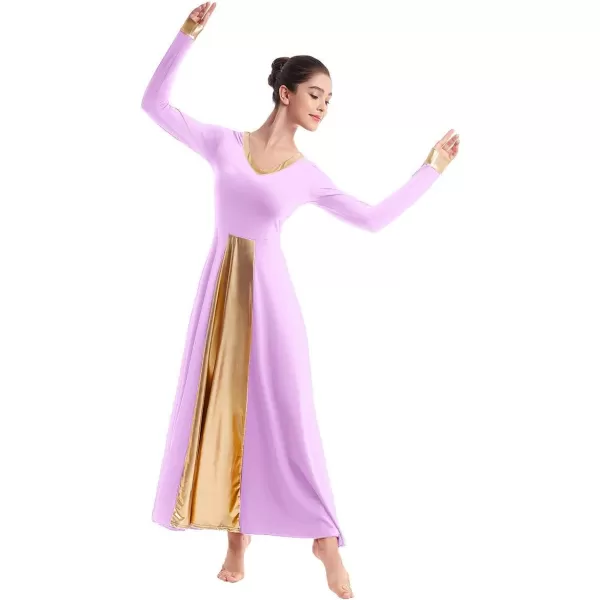 OwlFay Women Metallic VNeck Praise Dance Dresses Liturgical Loose Fit Full Length Color Block Gown Ballet Worship DancewearLight Purple