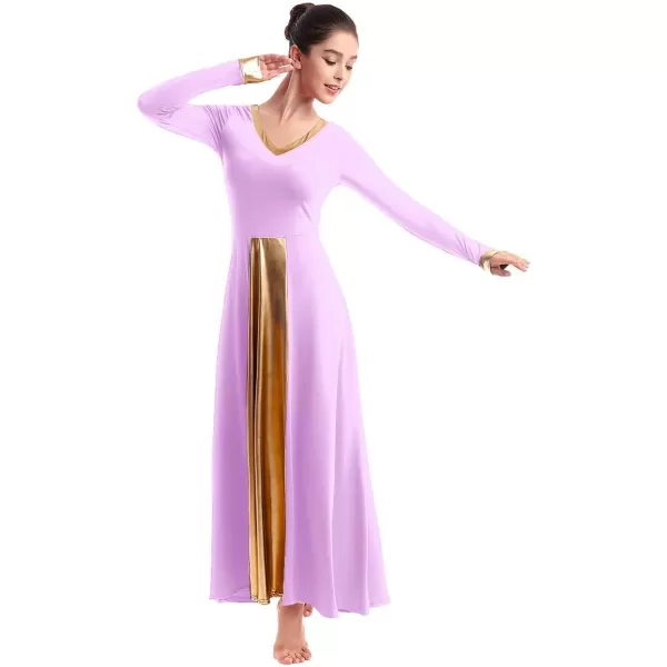 OwlFay Women Metallic VNeck Praise Dance Dresses Liturgical Loose Fit Full Length Color Block Gown Ballet Worship DancewearLight Purple