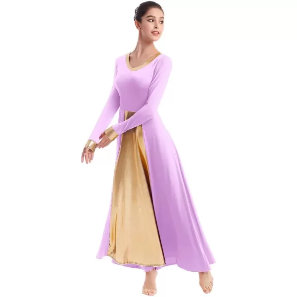 OwlFay Women Metallic VNeck Praise Dance Dresses Liturgical Loose Fit Full Length Color Block Gown Ballet Worship DancewearLight Purple